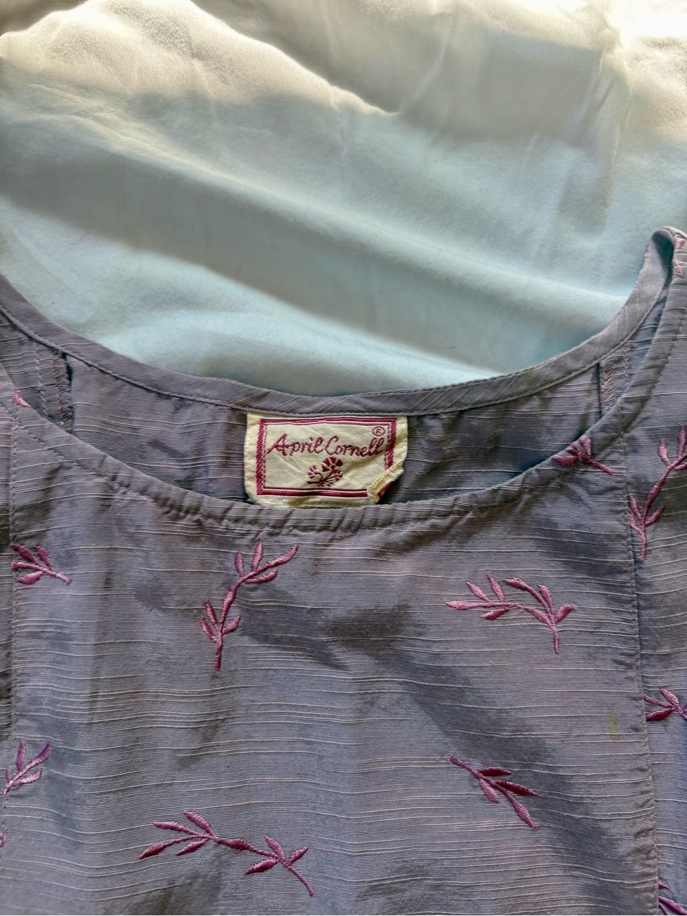 April Cornell Lavender Scoop Neck Tunic with Pink Embroidery